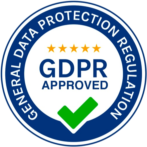 Circular GDPR Approved compliance seal featuring five yellow stars, a green checkmark, and the text General Data Protection Regulation along the blue outer ring.